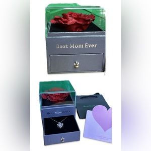 Best Mom Ever preserved red rose displayed in gift box with necklace.